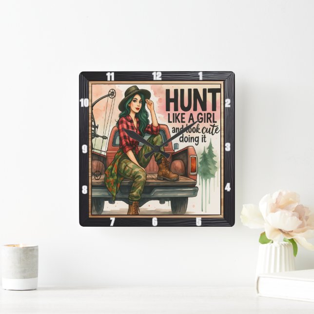 Vintage Archery Girl Hunting Square Wall Clock (Home)