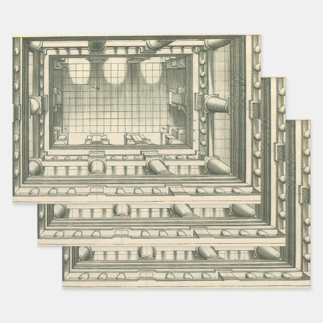 Vintage Architecture, Atrium Courtyard Perspective Wrapping Paper Sheet (Set)