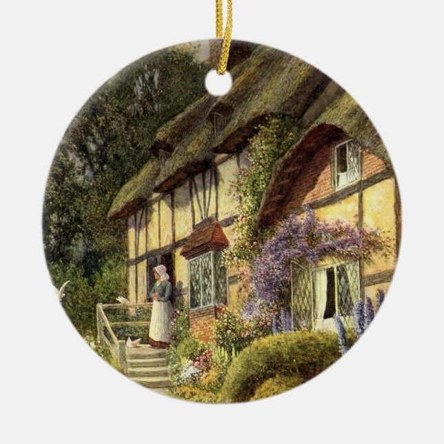 Vintage Architecture, Country Cottage House Ceramic Ornament (Front)