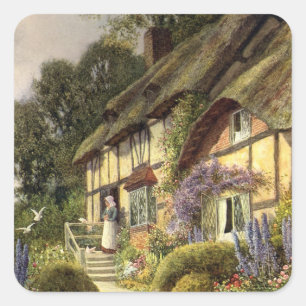 Vintage Architecture, Country Cottage House Square Sticker