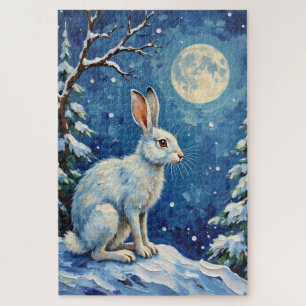 Vintage Arctic Hare in Winter Moonlight Christmas  Jigsaw Puzzle