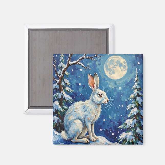 Vintage Arctic Hare in Winter Moonlight Christmas  Magnet (Front/Back)