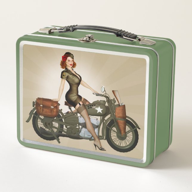 Vintage Army Motorcycle Pinup Lunch Box (Front)