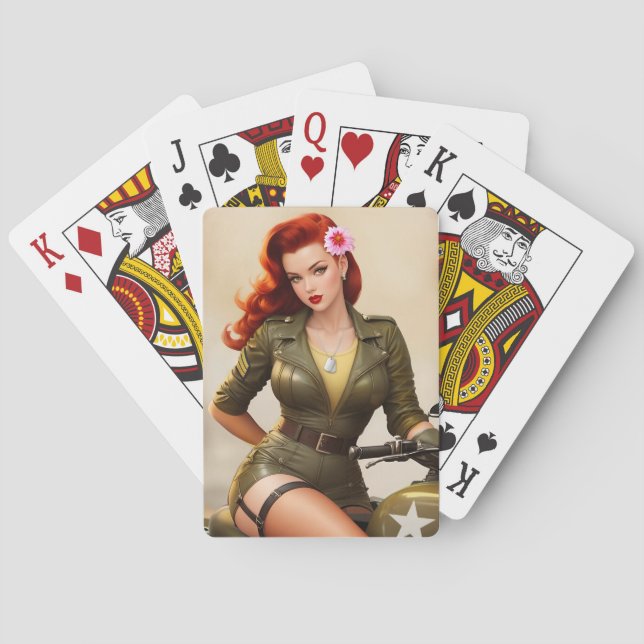 Vintage Army Motorcycle Pinup Playing Cards (Back)