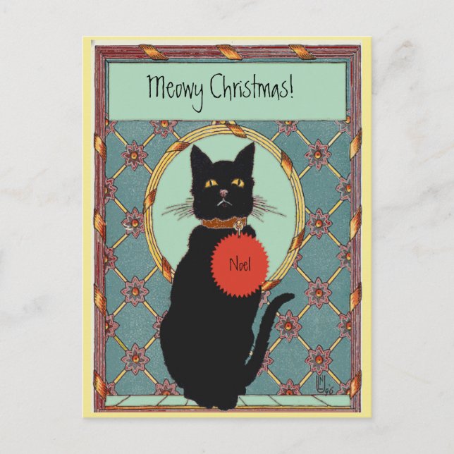 Vintage Art Black Cat "Meowy Christmas" Holiday Postcard (Front)