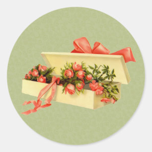 Vintage Art Box Of Roses  Classic Round Sticker
