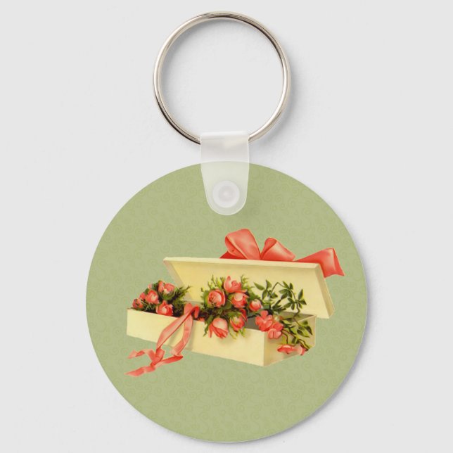 Vintage Art Box Of Roses Floral Keychain (Front)