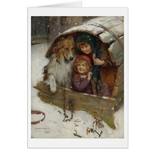 Vintage Art -Children & Dog Shelter from the Snow,