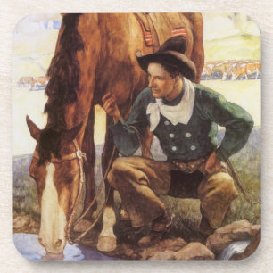 Vintage Art, Cowboy Watering His Horse by NC Wyeth Coaster