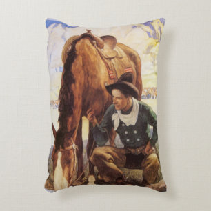 Vintage Art, Cowboy Watering His Horse by NC Wyeth Decorative Pillow