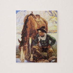 Vintage Art, Cowboy Watering His Horse by NC Wyeth Jigsaw Puzzle