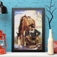Vintage Art, Cowboy Watering His Horse by NC Wyeth