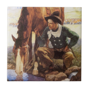 Vintage Art, Cowboy Watering His Horse by NC Wyeth Tile