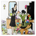 Vintage Art Deco 1920s Hat Shop Illustration  Tile<br><div class="desc">Elegant vintage fashion illustration inspired by 1920s Art Deco style showing women selecting stylish hats in a charming boutique. This colorful retro millinery scene captures the glamour of early 20th-century fashion and boutique shopping culture. Perfect for fashion lovers, vintage enthusiasts, stylists, and retro décor collectors. Ideal for wall art, stickers,...</div>