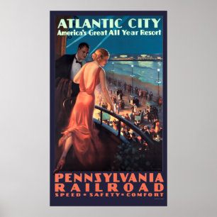 Vintage Art Deco Atlantic City At Night Travel Poster