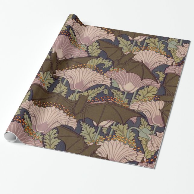 Vintage Art Deco Bat and Flowers Wrapping Paper (Unrolled)