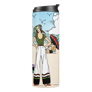 Vintage Art Deco Beach Illustration 1920s Coastal Thermal Tumbler