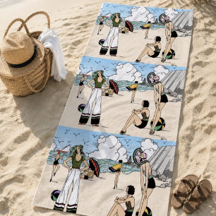 Vintage Art Deco Beach Illustration 1920s Coastal Towel