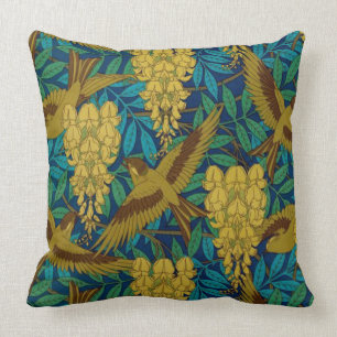 Vintage Art Deco Birds and Leaves Throw Pillow