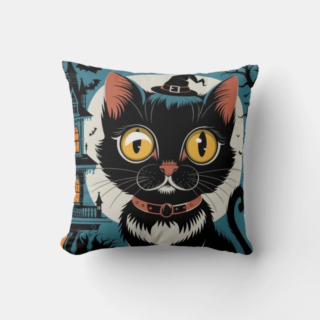 Vintage Art Deco Black Cat 3os Throw Pillow (Front)