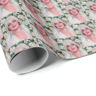 Vintage Art Deco Bride & White Roses Elegant Wrapping Paper