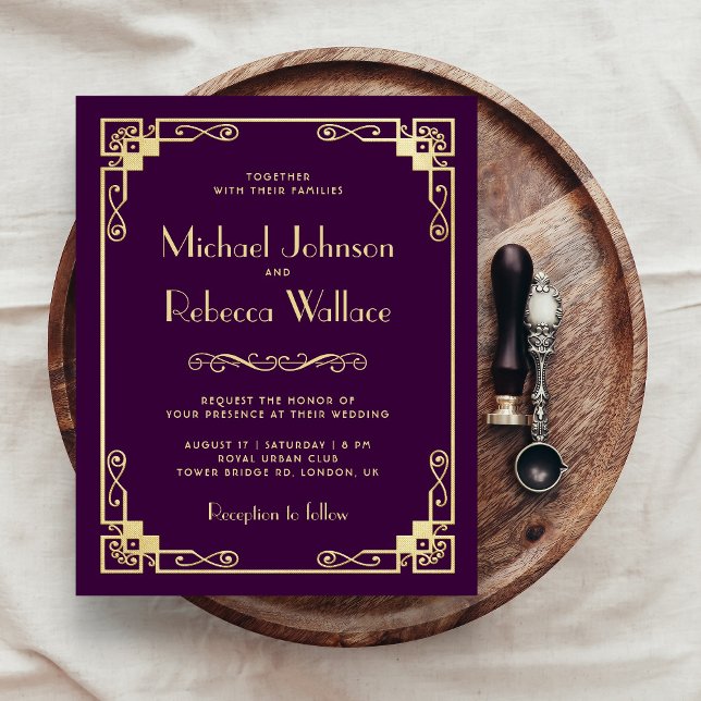 Vintage Art Deco Budget Purple Wedding Invitation (Creator Uploaded)