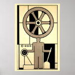 Vintage Art Deco Business Wheel and Machine Worker Poster<br><div class="desc">Vintage illustration art deco manufacturing industry business design. A blue collar manufacturer worker holding an industrial lever with a large wheel over his head that works the machinery in a manufacture factory.</div>
