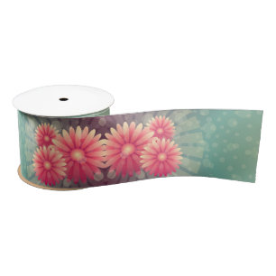 Vintage art deco daisy flower pink and green satin ribbon