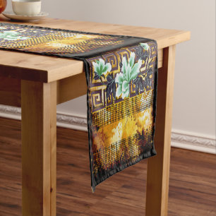 Vintage Art Deco Distressed Asian Flower Design Short Table Runner