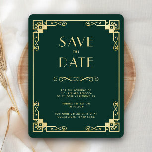 Vintage Art Deco Emerald Green Gold Wedding Photo Save The Date