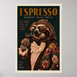 Vintage Art Deco Espresso Martini Drinking Sloth Poster