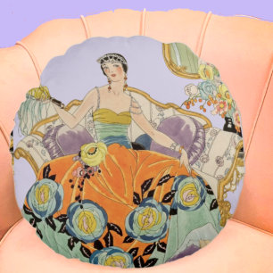 Vintage Art Deco Fashion Illustration Elegant Round Pillow