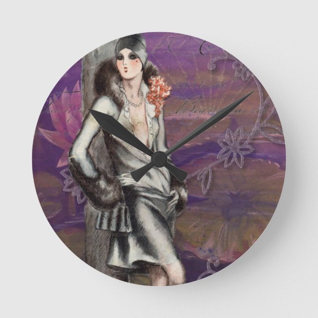 Vintage Art Deco Flapper Lady Design Round Clock (Front)