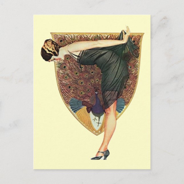 Vintage Art Deco Flapper with Peacock  Postcard (Front)
