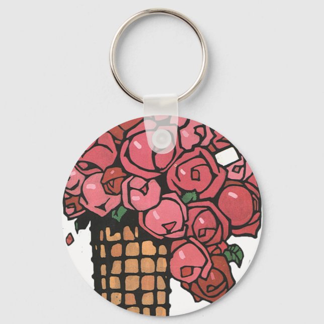 Vintage Art Deco Flowers, Pink Garden Roses Keychain (Front)