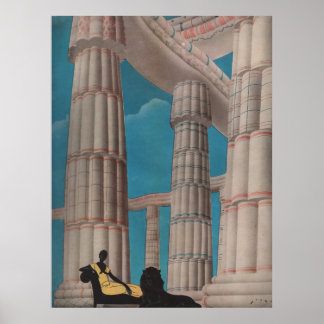Vintage Art Deco French Woman with Lion Au Louvre Poster