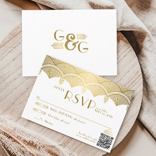 Vintage Art Deco Gold Unique QR Code Wedding RSVP Card