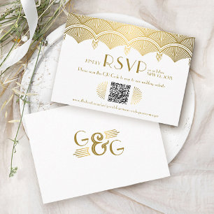Vintage Art Deco Gold Wedding QR Code RSVP Enclosure Card