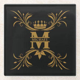 Vintage Art Deco Golden Name Monogram Glass Coaster