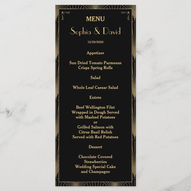 Vintage Art Deco Great Gatsby Wedding Menu (Front)