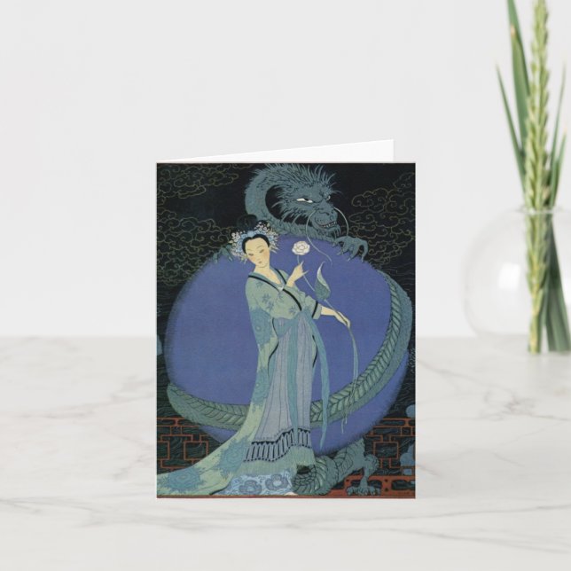 Vintage Art Deco Lady and Dragon Note Card (Front)