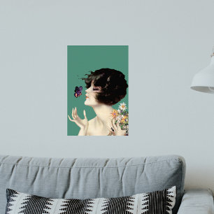 Vintage Art Deco Lady Butterfly Pretty Flowers Poster