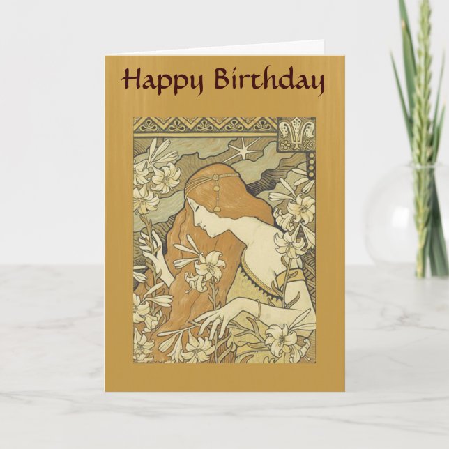 Vintage Art Deco Lady Golden Hair Flowers Card (Front)
