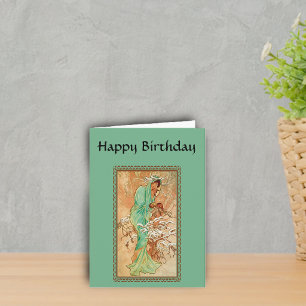 Vintage Art Deco Lady Green Golden Tree Birthday Card