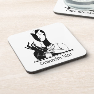 Vintage Art Deco Lady With Pearls Black Transp Coaster