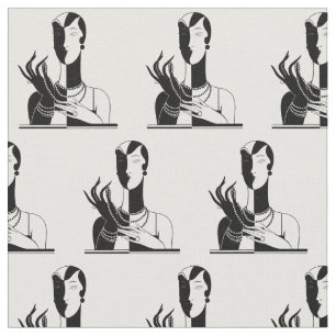 Vintage Art Deco Lady With Pearls Black Transp Fabric