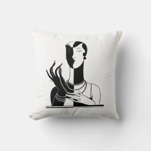 Vintage Art Deco Lady With Pearls Black Transp Throw Pillow