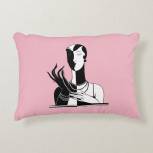 Vintage Art Deco Lady With Pearls Blk White Decorative Pillow