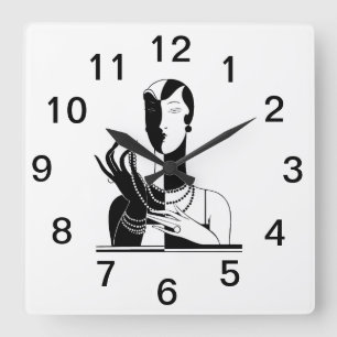 Vintage Art Deco Lady With Pearls Blk White Square Wall Clock