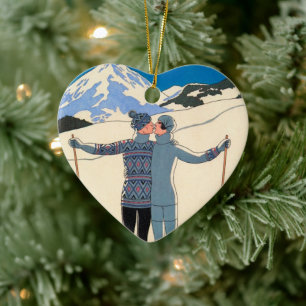 Vintage Art Deco, Lovers in Snow by George Barbier Ceramic Ornament